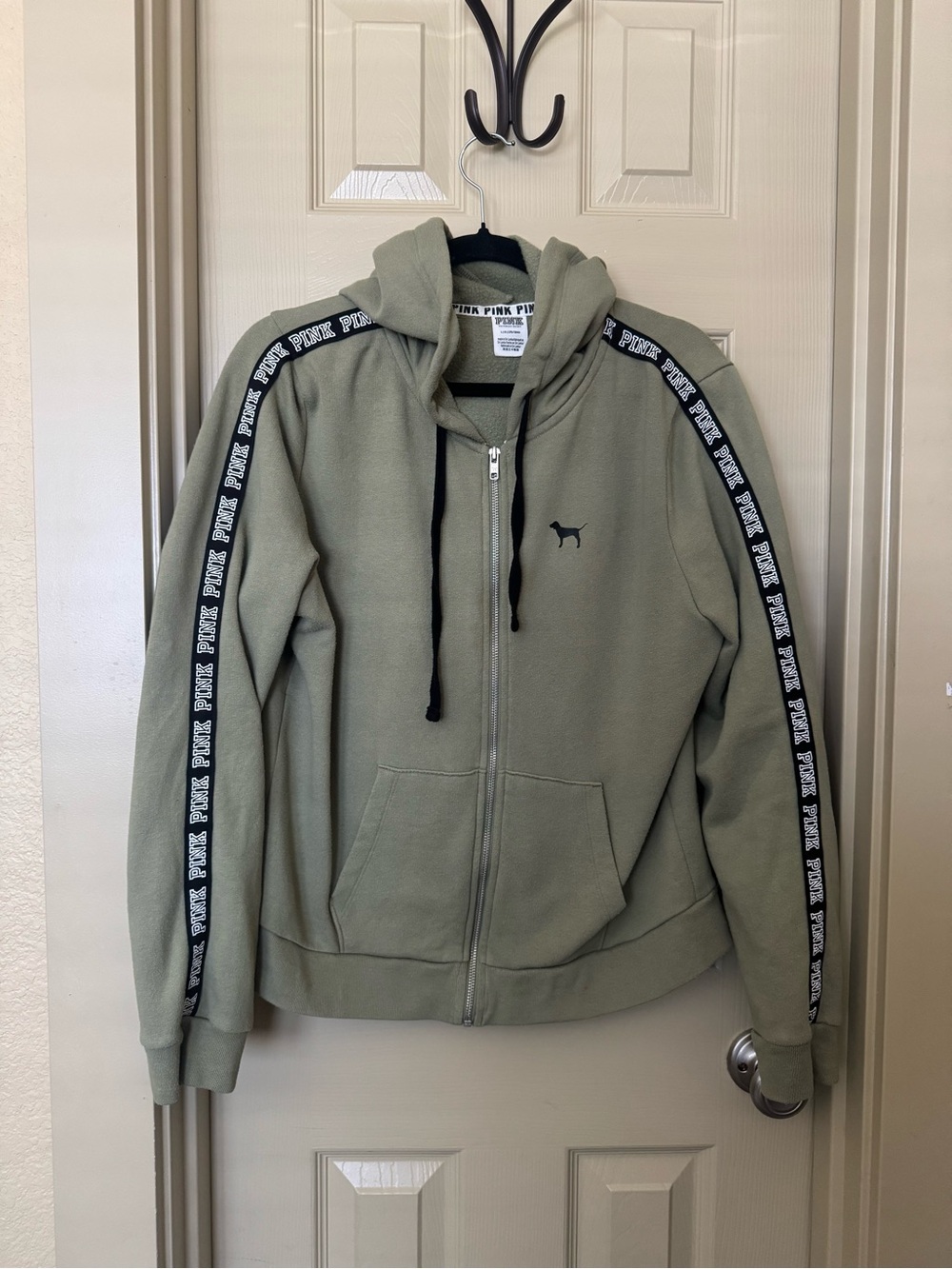 Victoria's Secret PINK Olive Green Zip Hoodie with Logo Tape